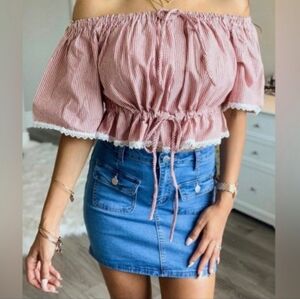 POL Red Striped Off-Shoulder Crop Top